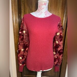 Siani Milano Festive Sweater Maroon Ribbed Knit Sequin Puffed Sleeve Sweater S